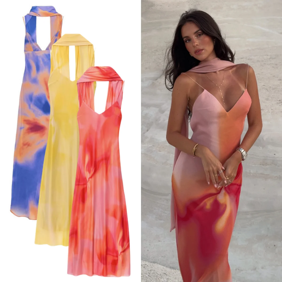

Scarf Printed Backless Long Dress 2025 Summer New Arrivals Women's Wear Elegant Satin Textured Dress
