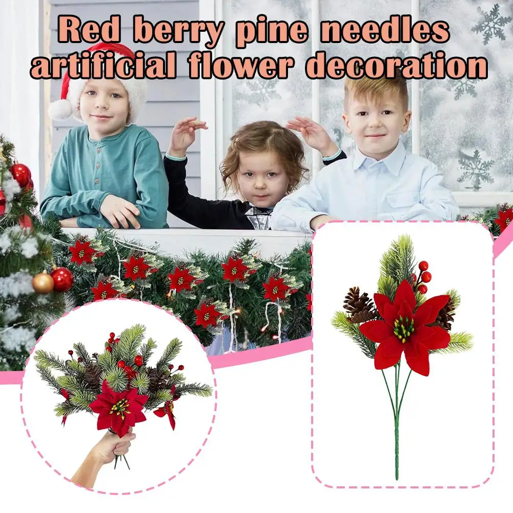 2pcs Artificial Plants Christmas Decor Fake Pine Tree Branch With Red Flower Plastic Plants Leafs Xmas Tree For Home Party Decor