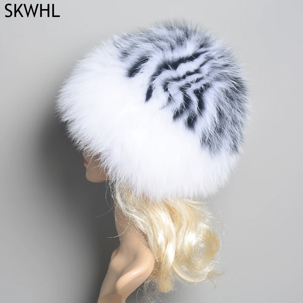 

Real Fox Fur Pompom Bomber Winter Hats Russian Female Ski Mask Natural Raccoon Fur Hat Knitted Skullies Beanies Fall Women's Cap