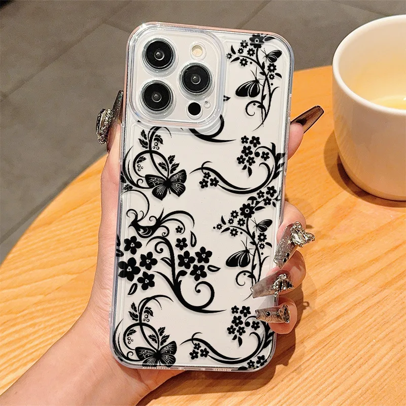 

Black Butterfly Flower Phone Case For Samsung Galaxy S24 S23 S22 S25 Ultra Plus Transparent Cover S25+ S22+ S23+ S24+ Fundas