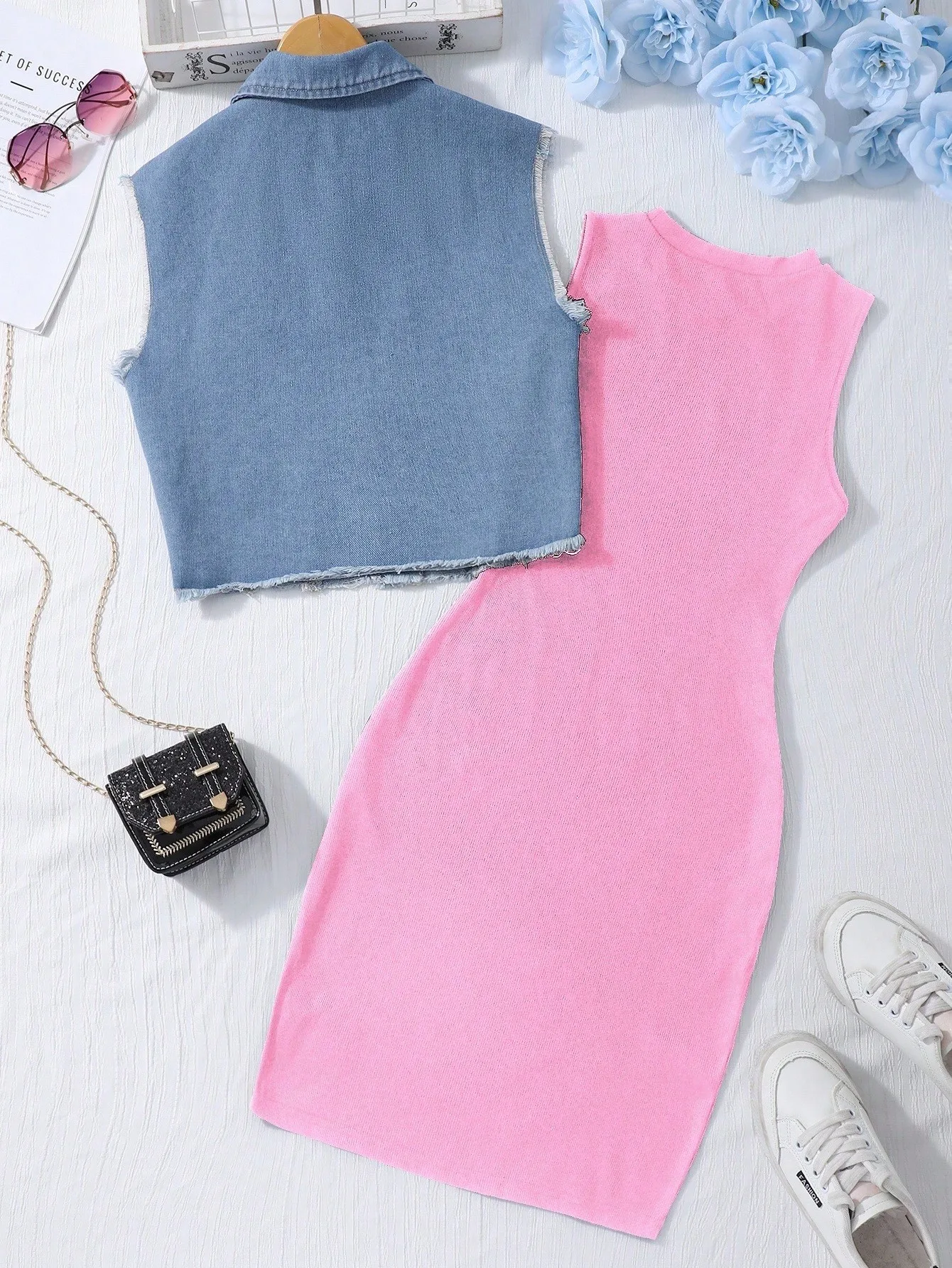 

Розовое вязаное платье с джинсовым жилетом с рваными элементами, комплект для женщин, повседневный образ