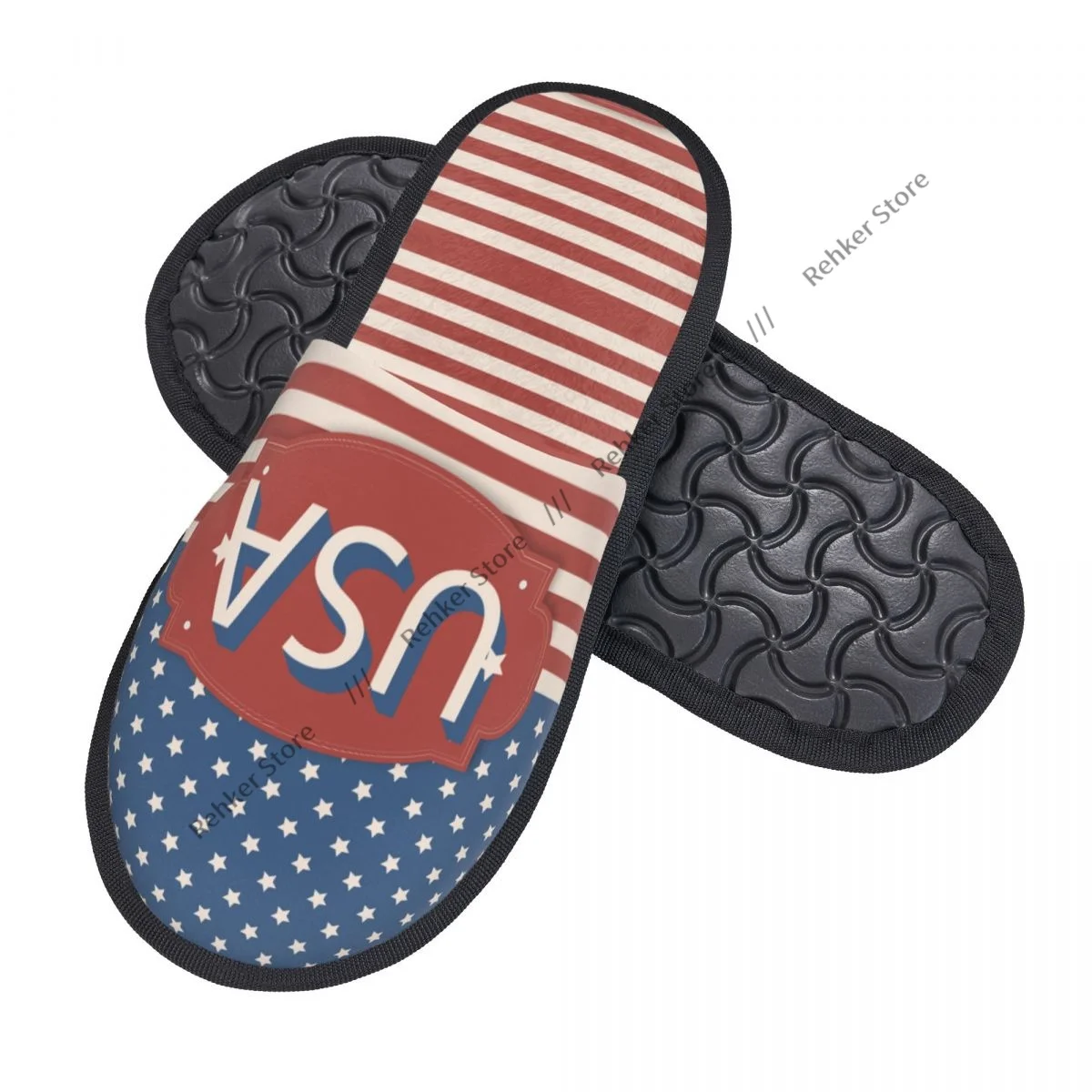 USA Flag Vintage Label Indoor Slippers Furry Slipper Winter Home Shoes House Flat Closed Toe Slides Flip Flops