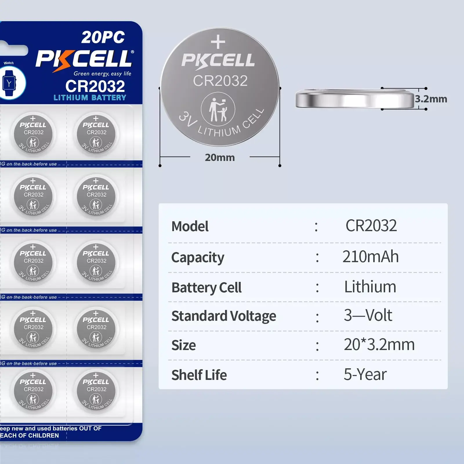 PKCELL 20PCS CR2032  220mAh 3V Lithium Coin Cell Battery BR2332, DL2032 3V Button Cell for Calculators Flashlights