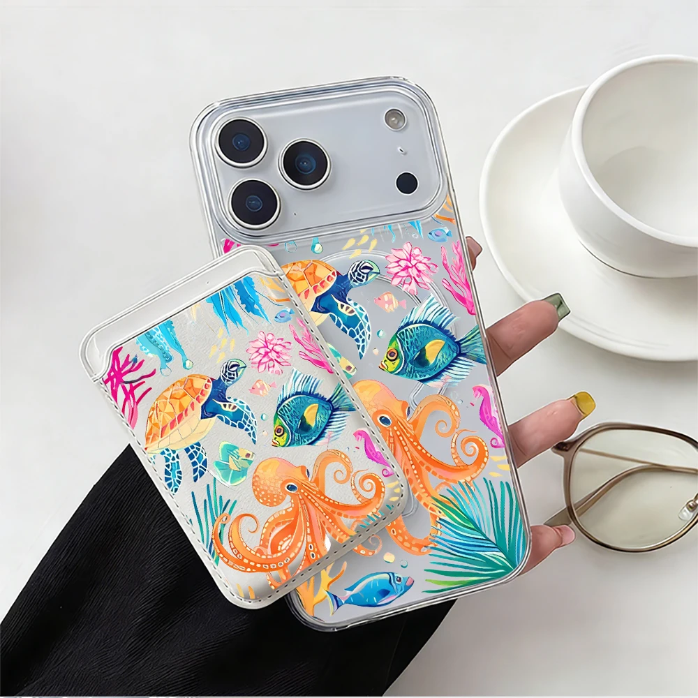 For Magsafe Wallet Magnetic Card Holder Phone Case For iPhone 17 16 13 15 12 14 Pro Max Plus Air 16E INS Marine Animals  Cover