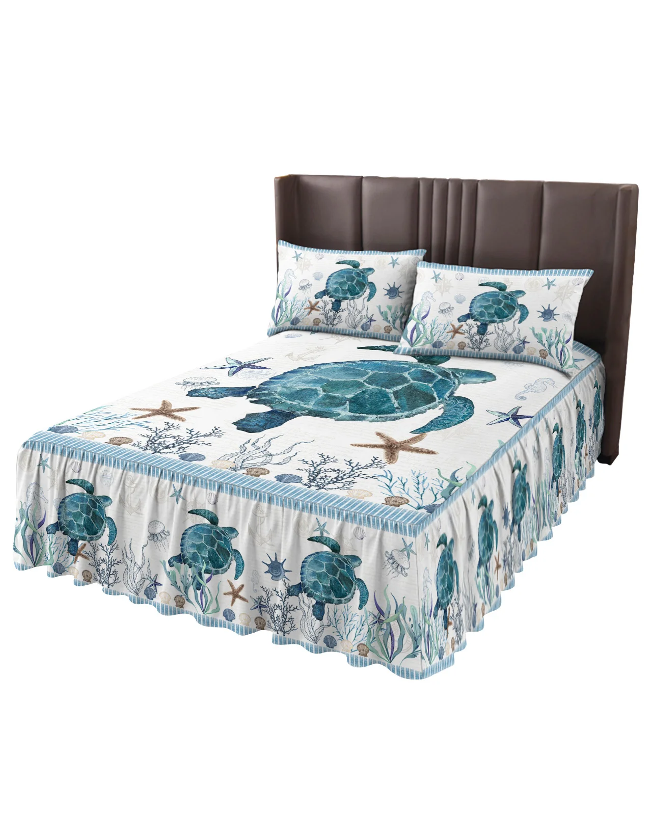 Mediterranean Style Sea Turtle Stripes Bed Skirt Elastic Fitted Bedspread With Pillowcases Mattress Cover Bedding Set Bed Sheet