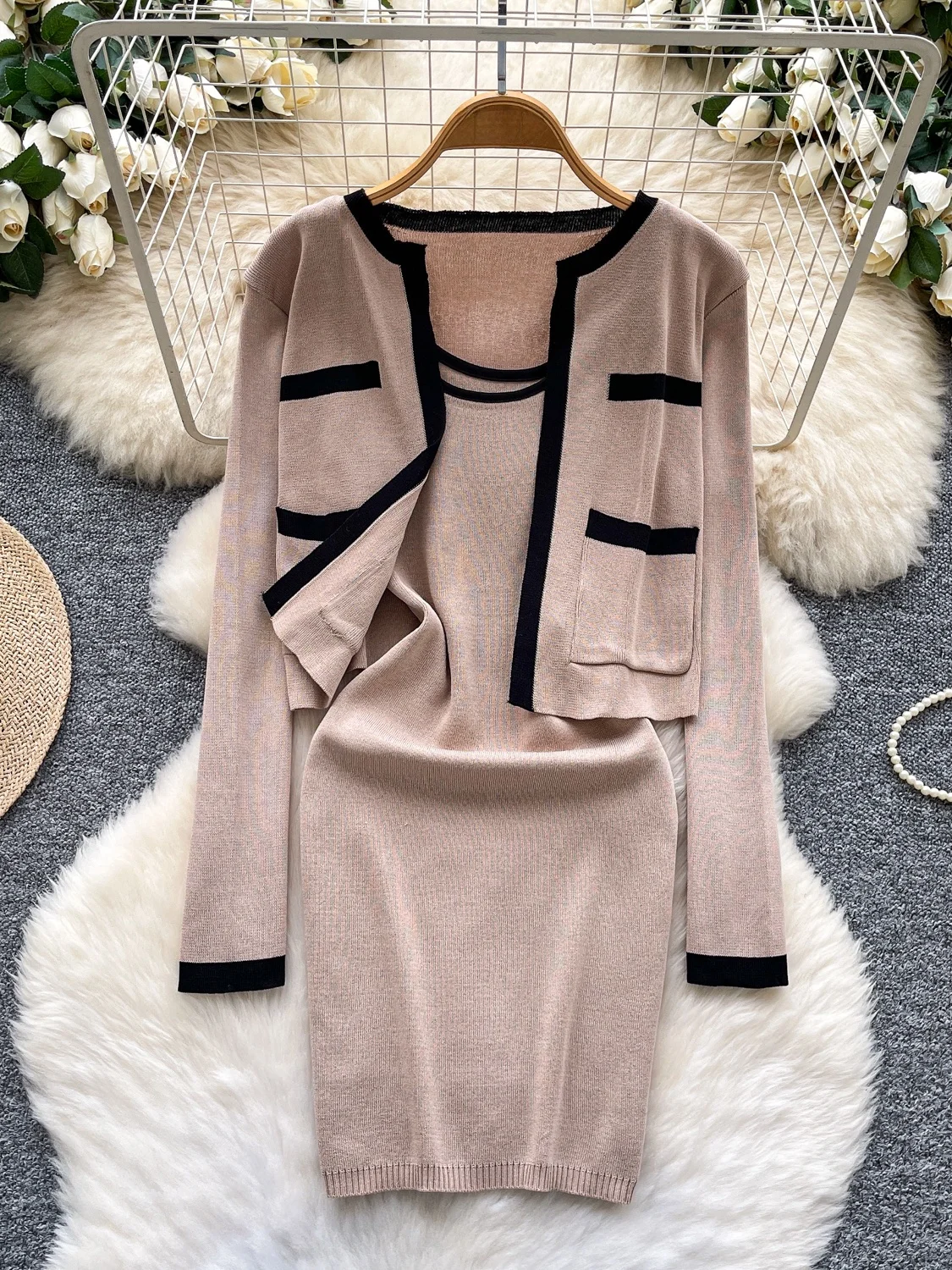 벨트가 있는 니트 롱 스웨터 오픈 가디건 아우터웨어, 하이 웨이스트 스트랩, 드레스 패션 컬러 블록 여성 세트
