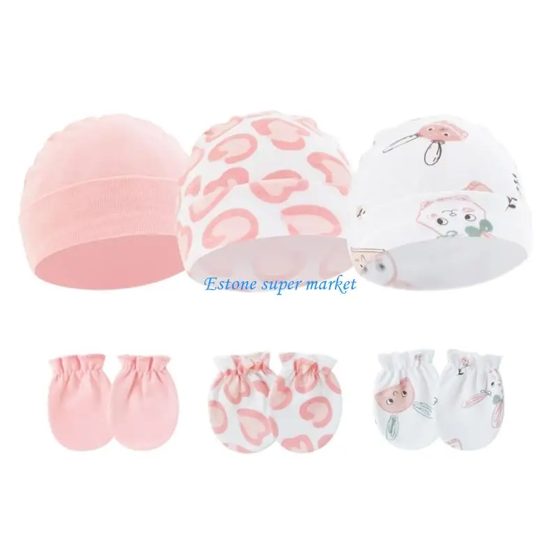 

090B Pack of 3 Set Baby Newborns Fetal Caps & Scratch Proof Mittens Set for 0-6 Month