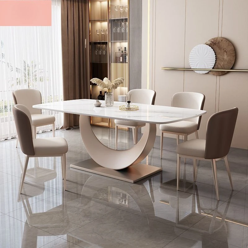 Restaurant Bright rock slab dining table and chairs Light luxury Simple Internet celebrity crescent dining table Household