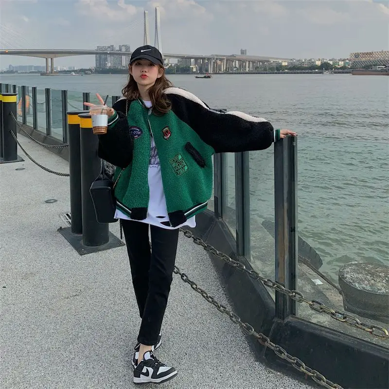 Deeptown Vintage Korean Style Women Baseball Jackets Oversized Streetwear Y2k Hip Hop Female Zip Up Bomber Jacket Kpop Green Top