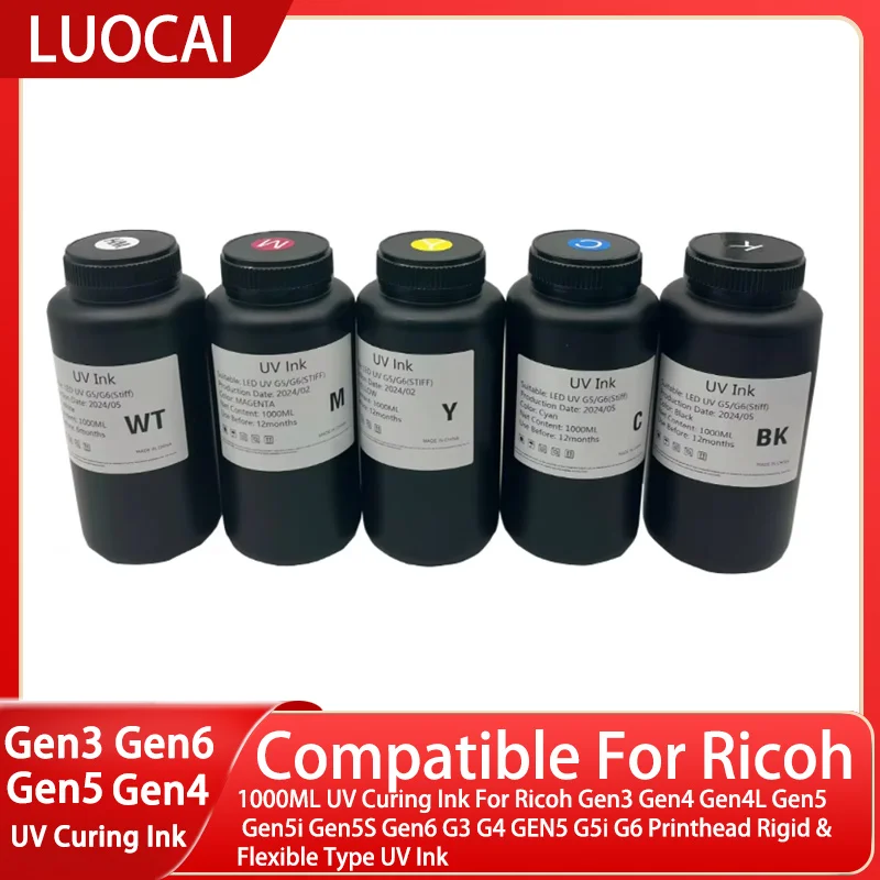 1000ML UV Curing Ink For Ricoh Gen3 Gen4 Gen4L Gen5 Gen5i Gen5S Gen6 G3 G4 GEN5 G5i G6 Printhead Rigid & Flexible Type UV Ink