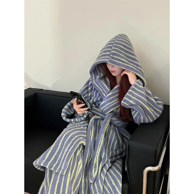 

Корейская пижама Sle Coral Fce, женская зимняя теплая одежда большого размера, длинные брюки, комплект домашней одежды, полосатый пижамный комплект, одежда для сна 2025