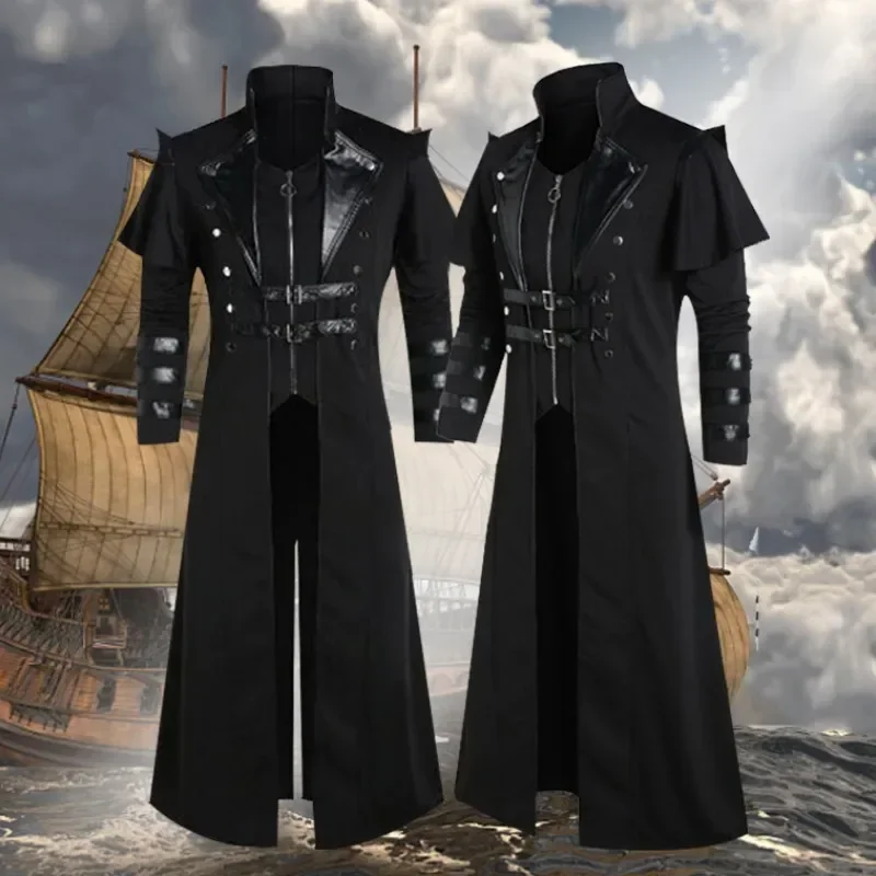 Vintage halloween medieval steampunk elfos pirata traje adulto homem preto longo divisão jaqueta armadura gótica casacos de couro