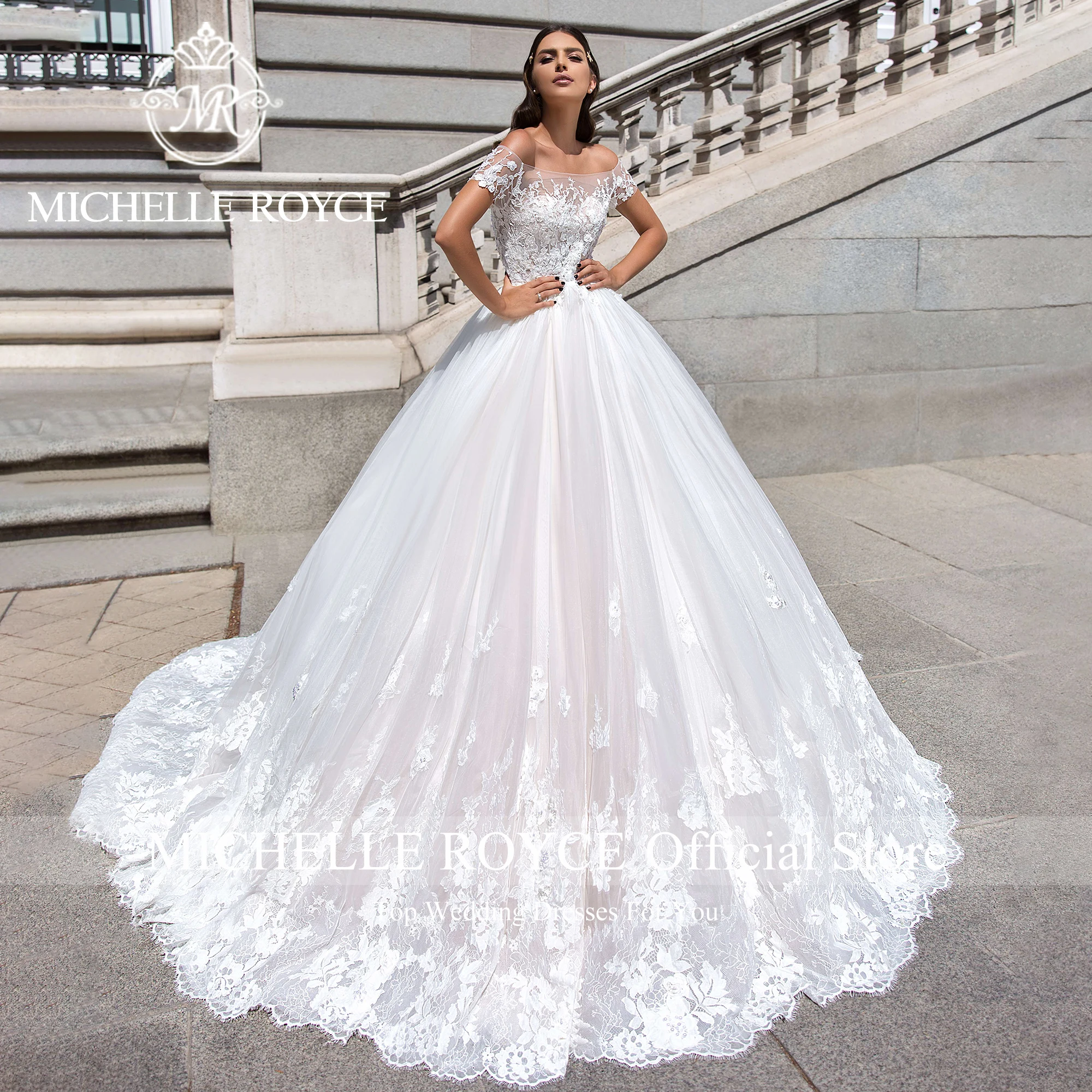 Michelle Royce-vestido De Novia De manga corta con cuello De barco para mujer, traje De boda con apliques, 2024