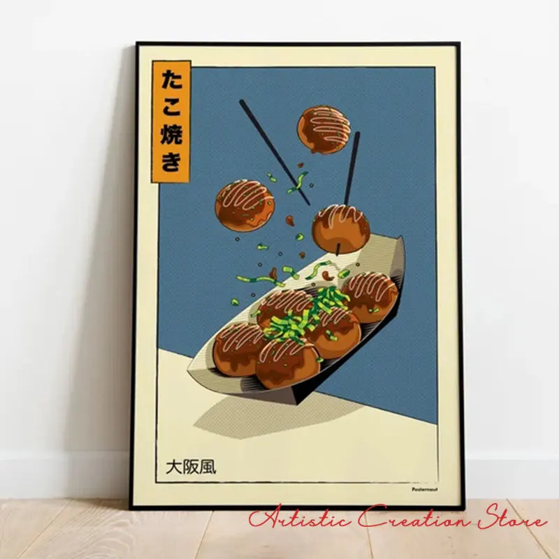 اليابانية الخاصة الغذاء الملصقات Taiyaki رامين تاكوياكي الكرتون قماش طباعة جدار صور لغرفة المعيشة غرفة المطبخ ديكور المنزل