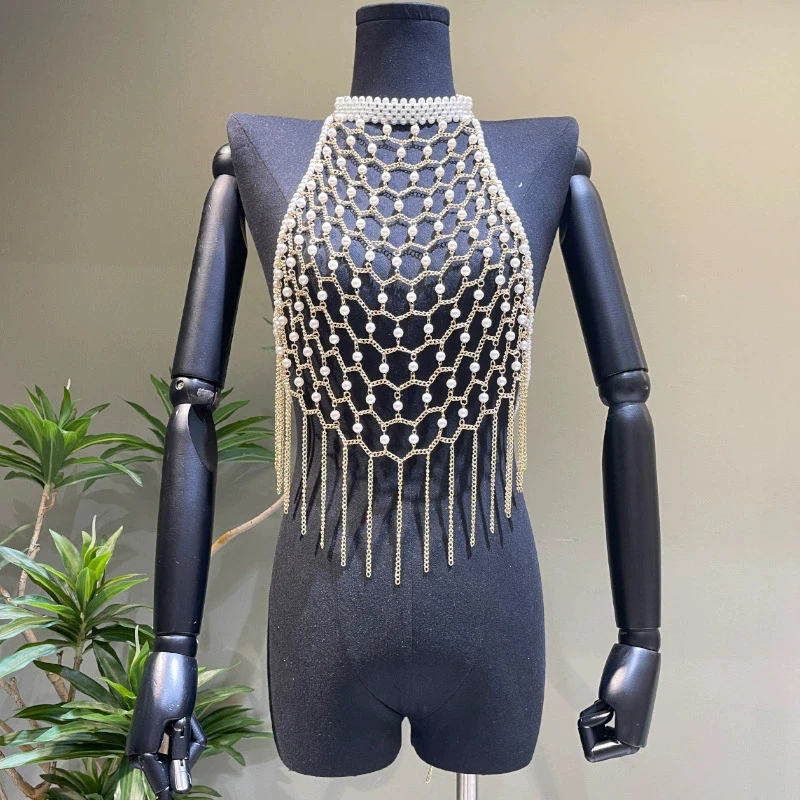 Festival Damen Neckholder-Top mit Perlenkette, Hohlnetz-Quasten-Körperschmuck, Silber Gold Rave-Outfits, Strandparty-Kleidung, Crop Tops – Detail 5