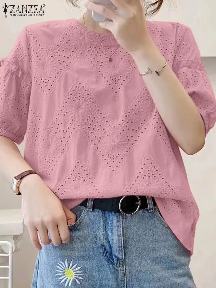 ZANZEA Stylish Hollow Out Lace Solid Blouses Women Elegant Short Puff Sleeve O Neck Shirts 2024 Summer Holiday Casual Party Tops