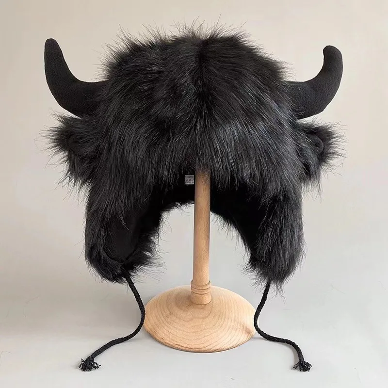 Imitation Fox Fur Cow Horn Decoration Cap Winter Warm Ear Protection Wind Snow Women Men Halloween Party Cosplay Hat