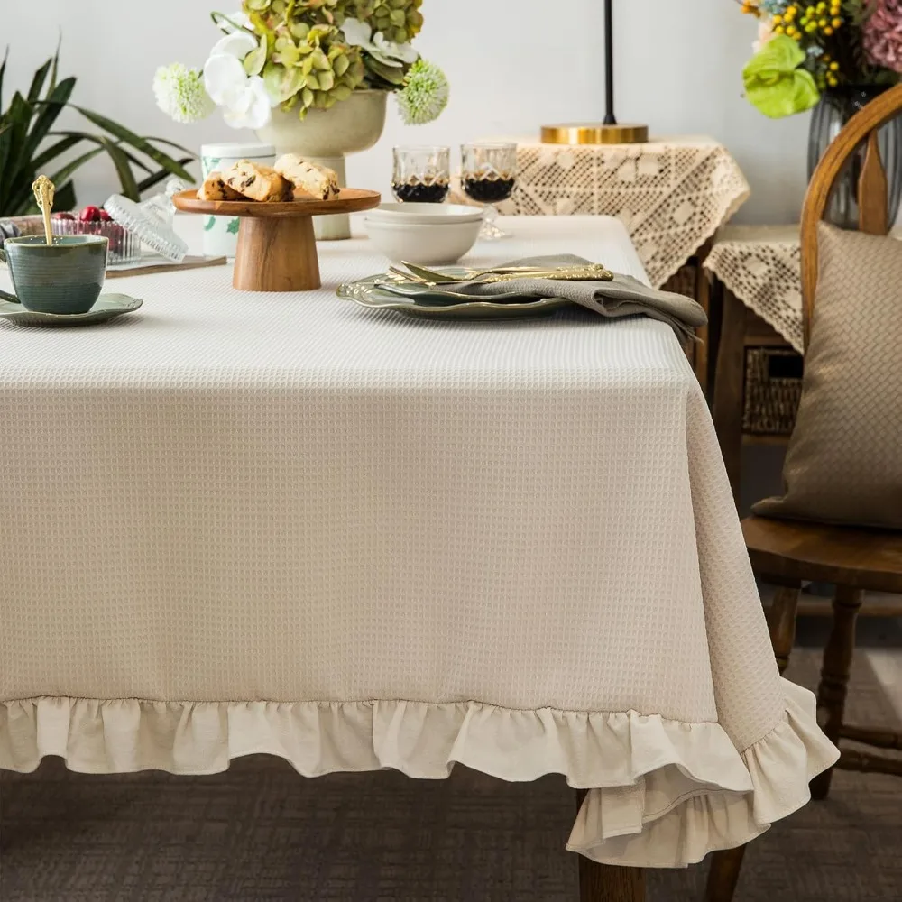 

Cotton Waffle Weave Rectangle Tablecloth with Retro Ruffle Edge for Buffet and Banquet Events