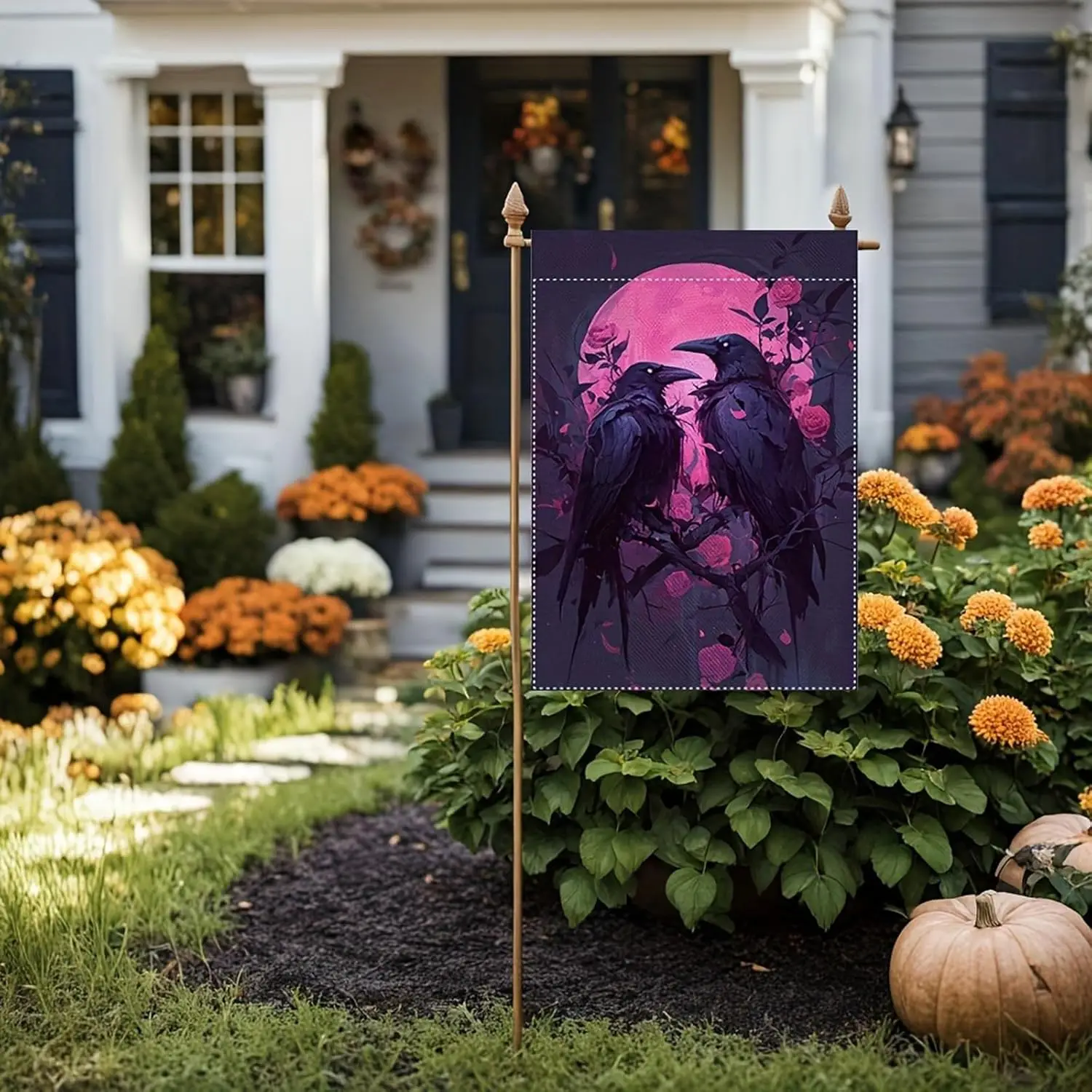 Halloween Crow Garden Flag 12x18 Double Sided, Polyester Small Welcome Boo Halloween Floral House Flags Seasonal Holiday Out EEZ