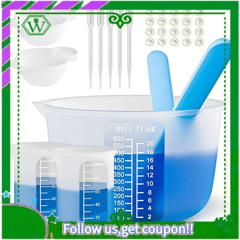 A18P-Large Silicone Resin Measuring Cups Tool Kit - Reusable 600Ml & 100Ml Measure Cup, Silicone Stir Sticks Pipettes, Easy To U