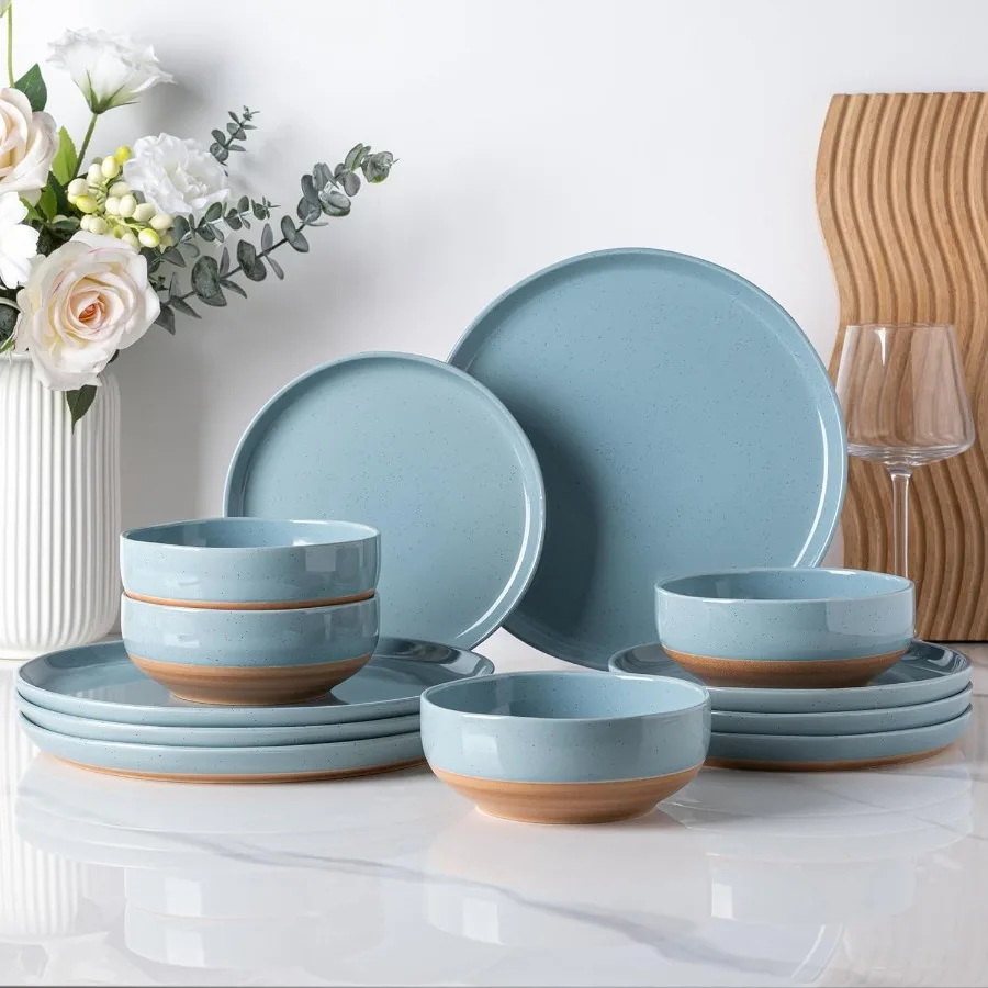 

Ceramic Dinnerware Sets for 4 Including 12 Pieces Handpainted Plates and Bowls with Rustic Terracotta Underside Scratch Resista
