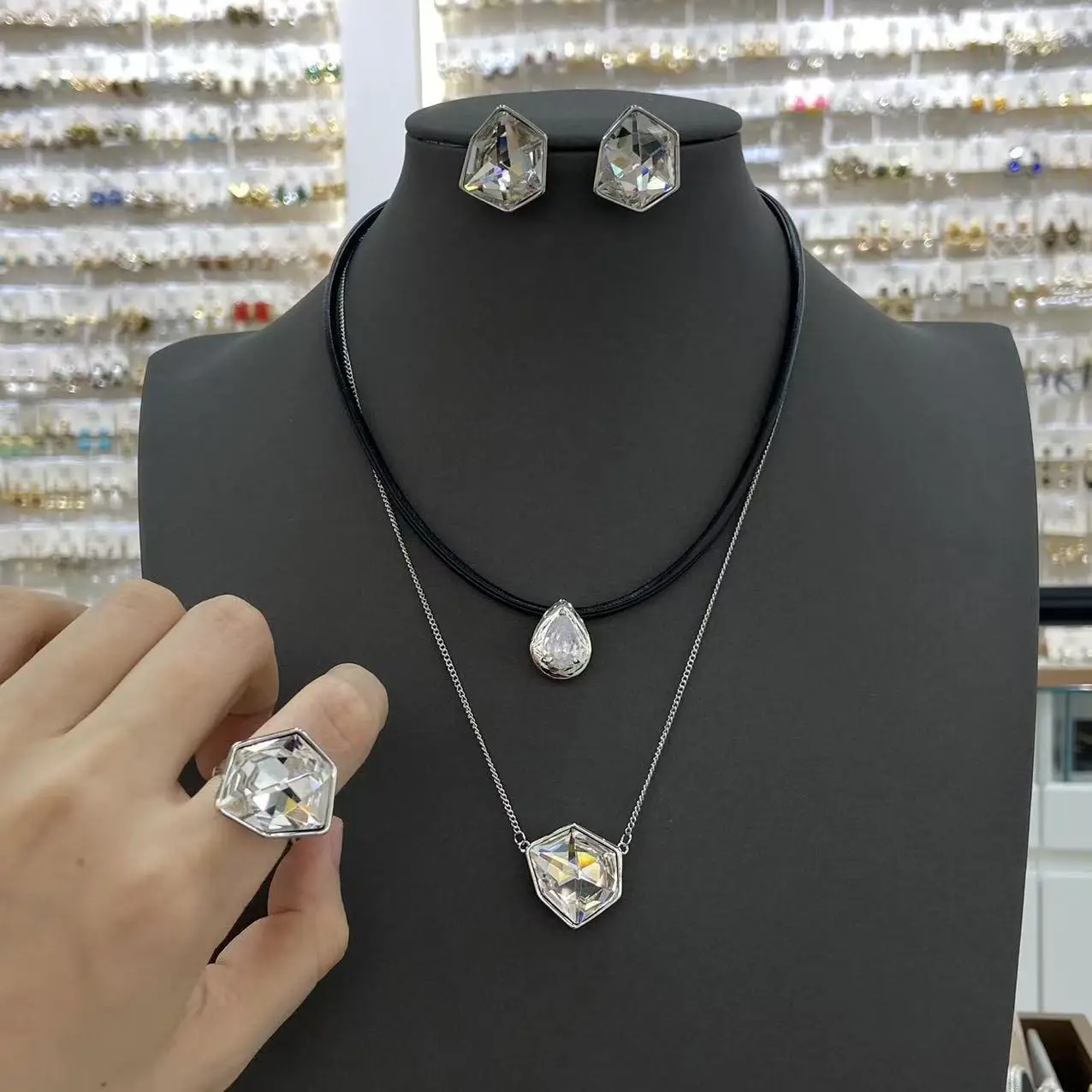 Irregular Rhombus White Crystal Jewelry Set Necklace Earrings Ring 3‑Pcs High‑Sense Elegant Clavicle Chain Women Fashion Jewelry