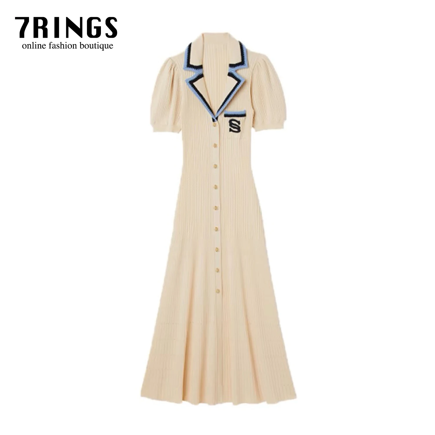 

7rings Trendy Style Paris Fashion Knit Long Dress for Women Classic Minimal Design Embroidery Stitch Dress Female Clothing