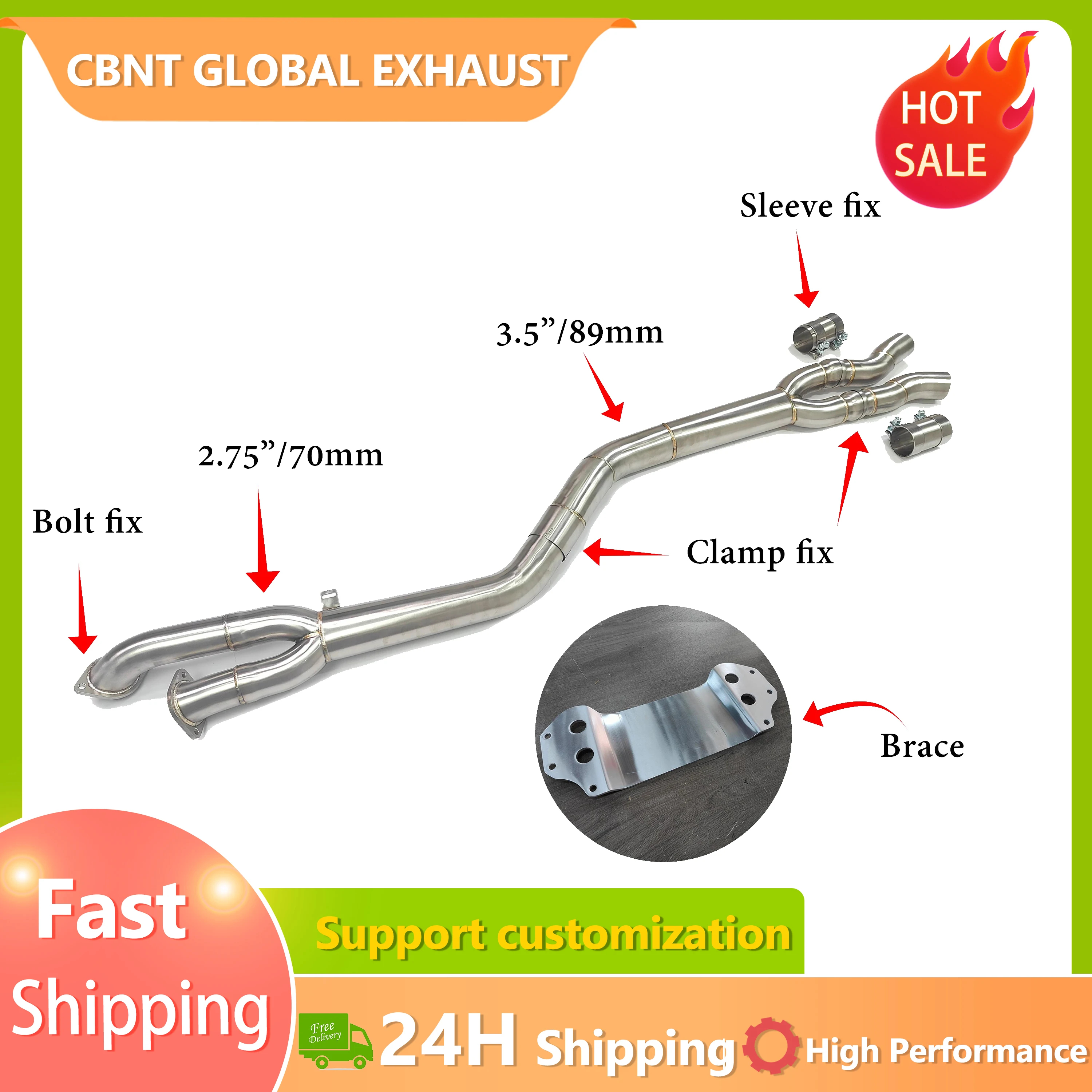 

CBNT Exhaust 3.5'' Single Midpipe With Brace High Quality Free Flow Exhaust Midpipe for BMW M3 G80 M4 G82 M2 G87 S58 3.0T