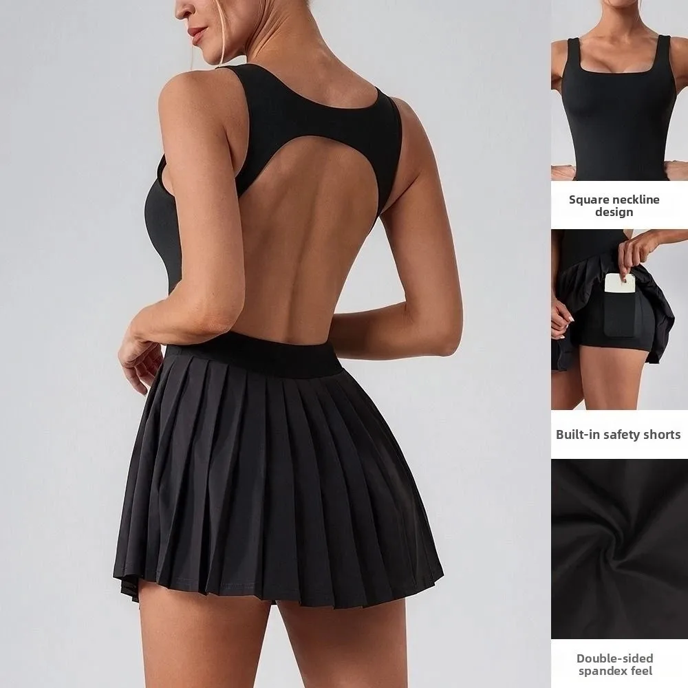 

Hollow Out Women Tennis Dress Sleeveless Polyester Yoga Fitness Dress High Elasticity Lace Up Badminton Skirts Fitness Clothes