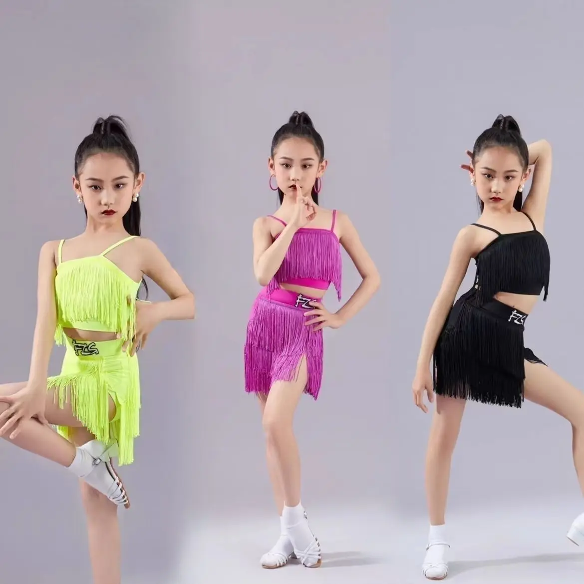 fzs-子供用ラテンダンス衣装-vネック-aラインスカート-バレエパフォーマンス衣装-タッセルトリム-トップボトムセット-ダンスウェア