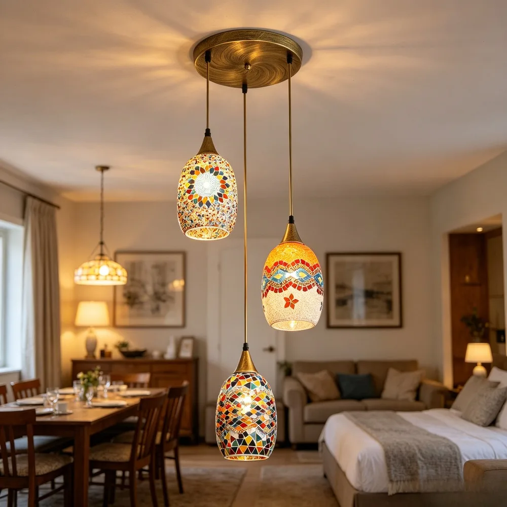 Artpad Hanging Turkish Mosaic Chandelier Vintage Long Stairwell Chandelier Living Room Handmade