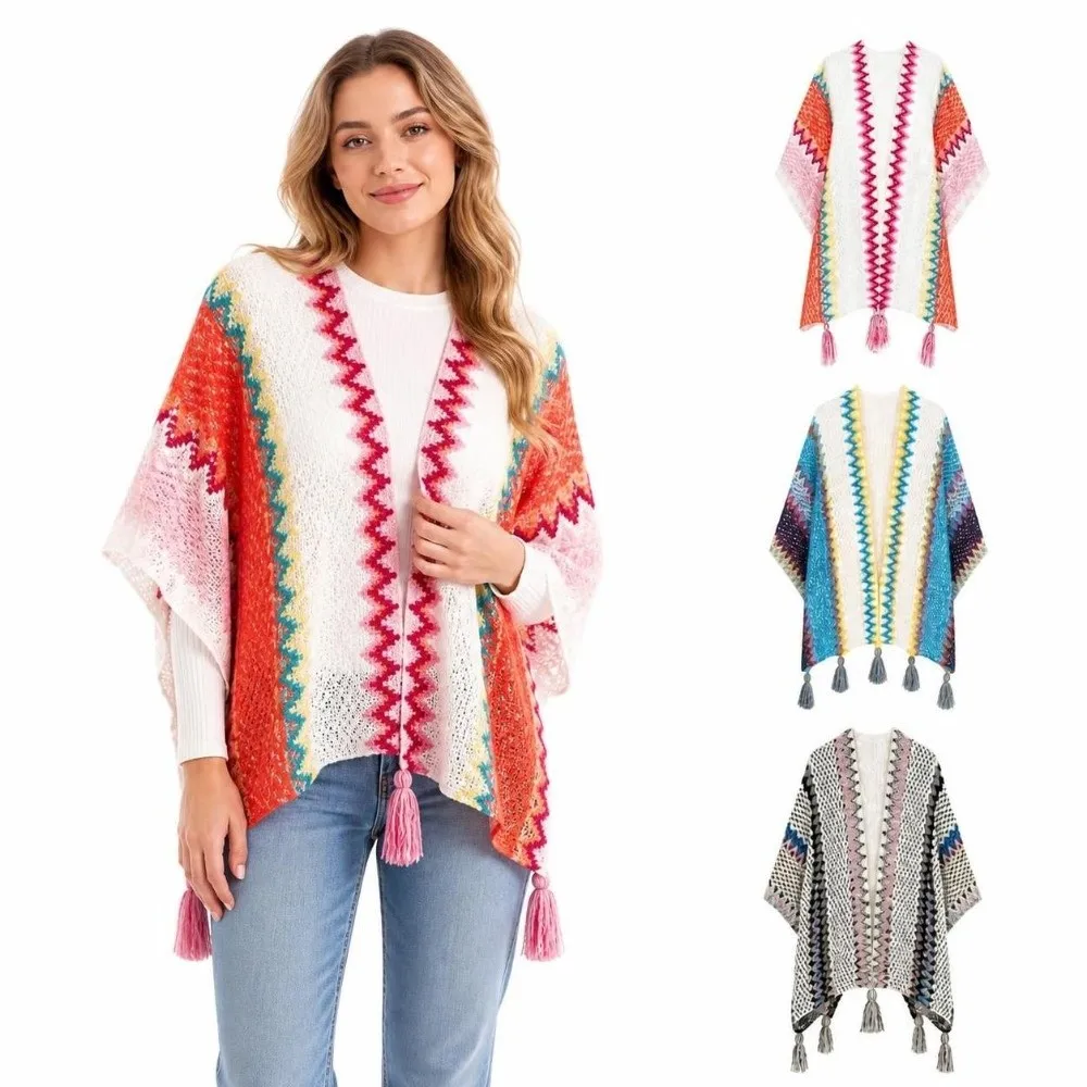 Striped Pattern Knit Poncho Cape Oversized Ethnic Print Shawl Wrap Cardigan Open Front Warm Ethnic Knitted Shawl For Women
