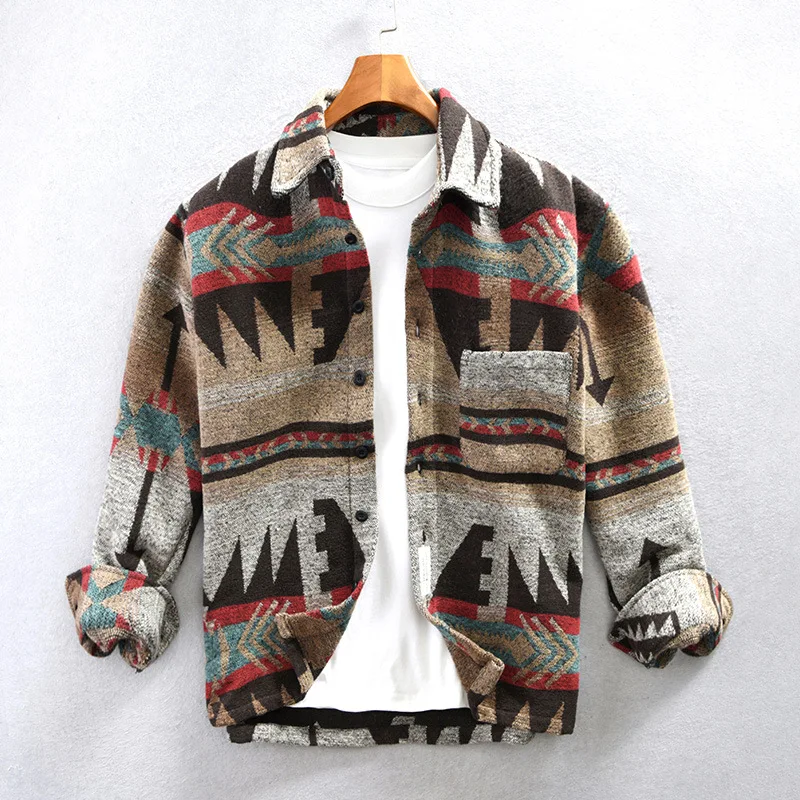 2026 Autumn Winter Woolen Long Sleeved Shirt Jackets for Men Fashion American Style Amekaji Retro Printed Casual Loose Coats y2k