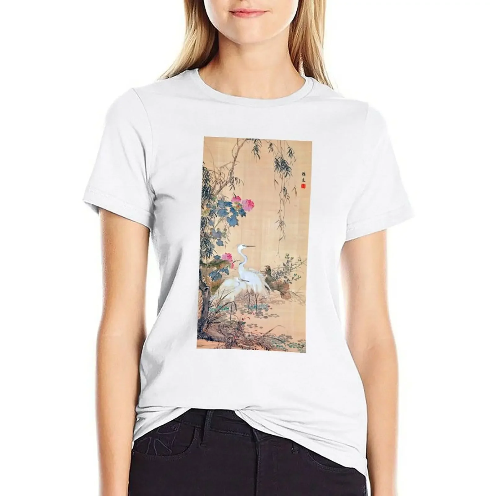 Egrets, Peonies, and Willows (Restored Japanese Artwork) T-shirt Blouse korean fashion Women's summer blouses 2024