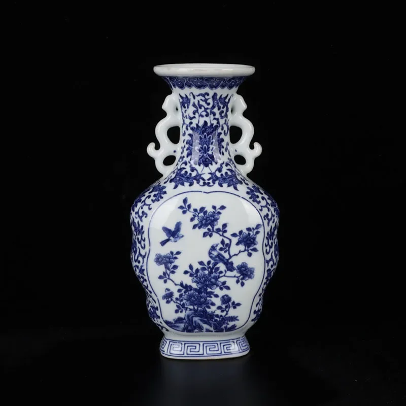 Qing Dynasty Qianlong Porcelain Vase Antique Blue and White Flower and Bird Design Two-Ear Vase Qianlong Era Replica Vase