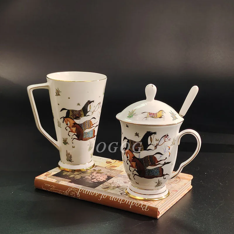 Elegant Exquisite Bone China Mug with Gold Rim Horse Pattern Coffee Cup Office Use Party Favor Gift Recommendation for Holiday