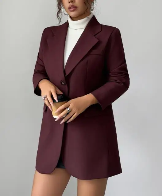 Professional Women's Suit Jacket In Spring with A Wine Red Temperament Elegant Lapel Slim Fit Suit Jacket Suitable for Work