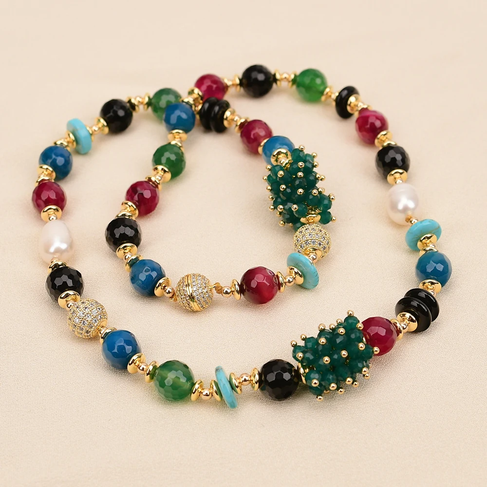 

G-G 22'' Natural Green Blue Red Agate Black Onyx White Rice Pearl Necklace Handmade For Lady