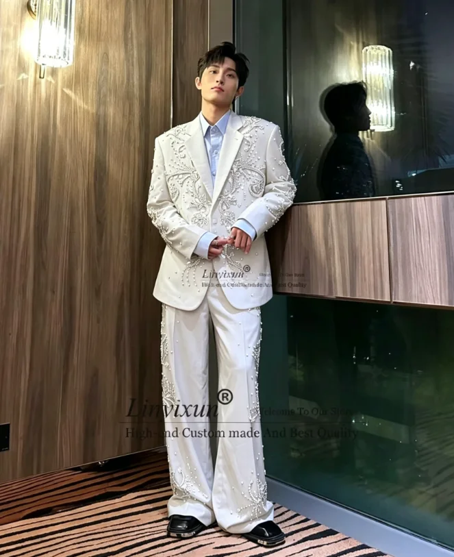Handmade Jewelry Ornament Men Suits 2 Pieces Sets Wedding Groom Male Blazer Customized Party Tuxedos Loose Man Ropa Hombre