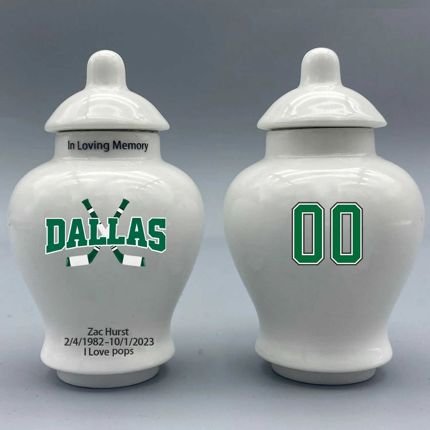 

Mini Urn for Dallas Stars-themed Hockey Urn.Please send me the customization information - name/date and number on the urn