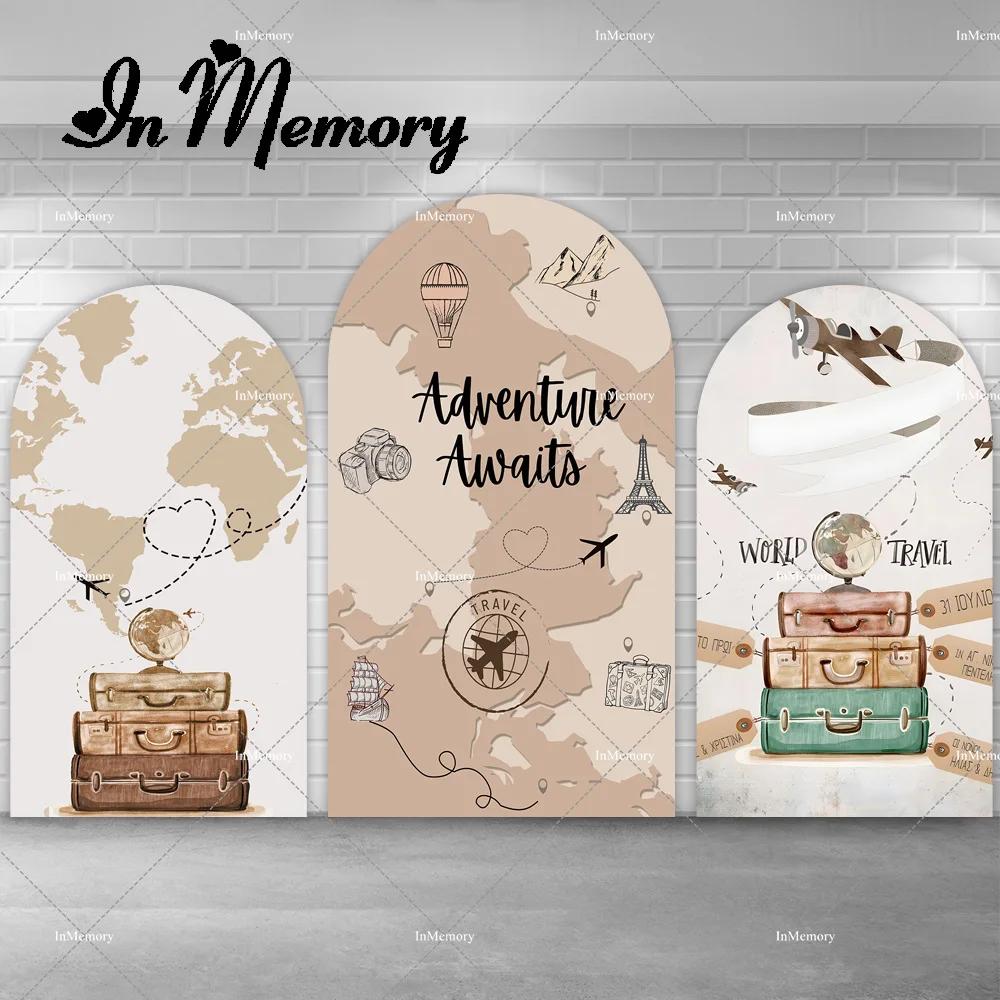 The Adventure Begins Arch Backdrop Cover Beige Brown Map Luggage Airplane Travel Birthday Party Chiara Wall Backgrounds