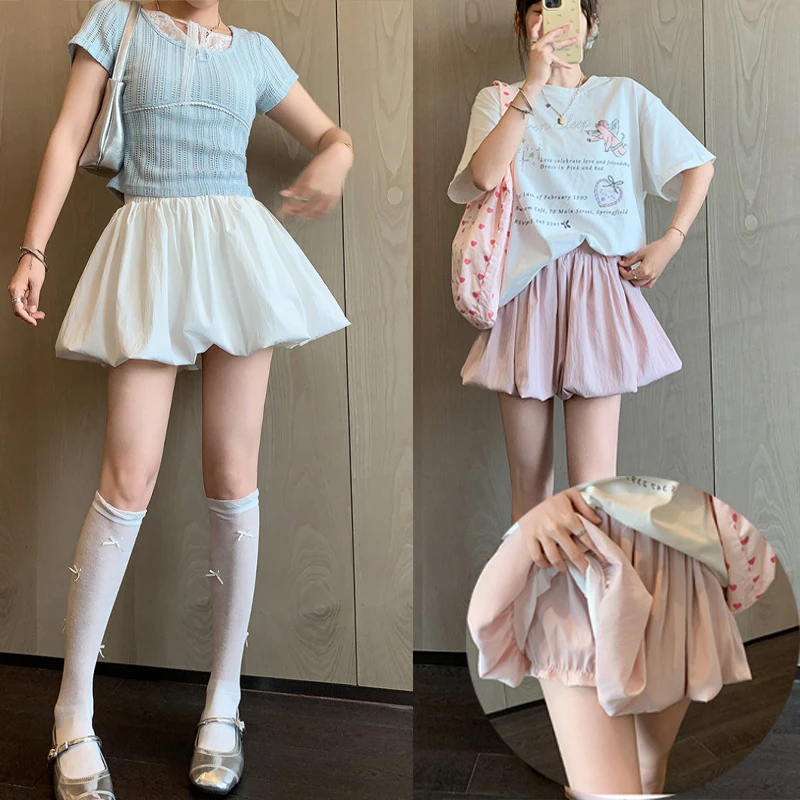 

Розовая короткая юбка с бутоном цветка для женщин, лето 2022, новая универсальная короткая пышная полуюбка-фонарь А-силуэта с антибликовым покрытием