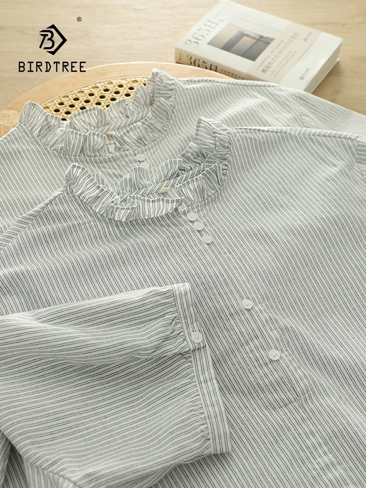 

New 2025 Summer Cotton Half Sleeve Shirt, Women Ruffled Striped Print, Mori Girl French Vintage Casual INS Loose Blouse T54711CC