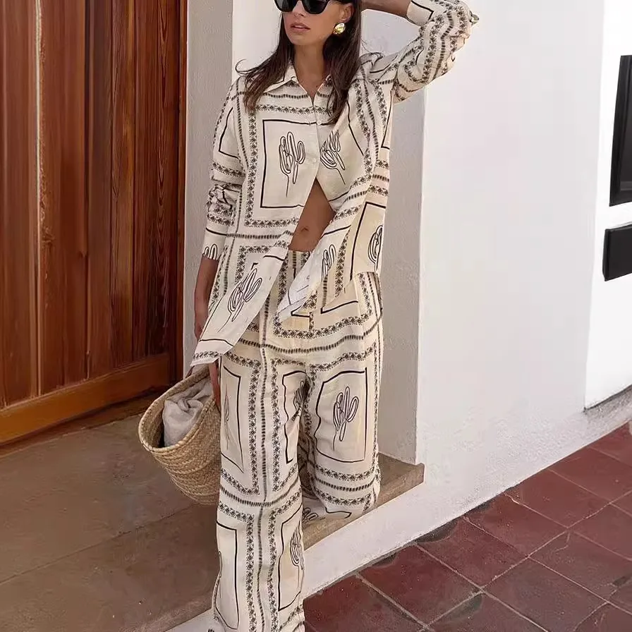Printed Long Pants Shirt Set Home Clothes New Model Cross-Border Independent 2023 Casual Pants for Women without Brand