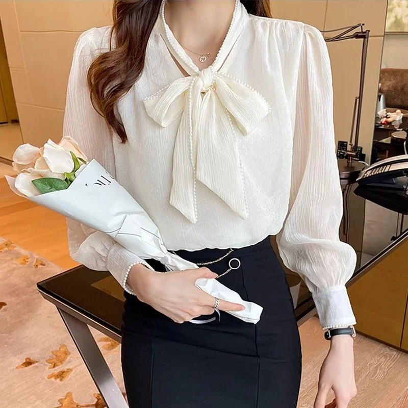 Women Chiffon Office Shirts Autumn Winter Bow Neck Korean Fashion Clothes Causal Camisas Elegant Long Sleeve Ladies Tops Blouses