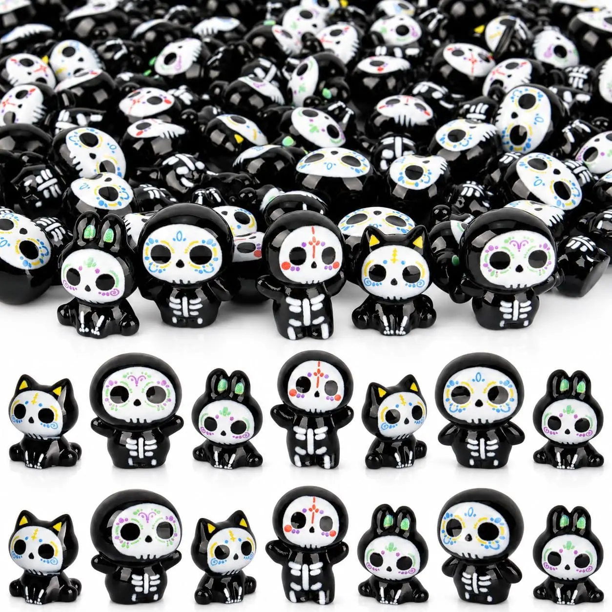 14 Stück Halloween-Miniaturfiguren aus Harz, darunter Geister und Skelette, für Feengärten, Puppenhäuser, Halloween-Dörfer, Scrapbooks und Bastelarbeiten. – Detail 1