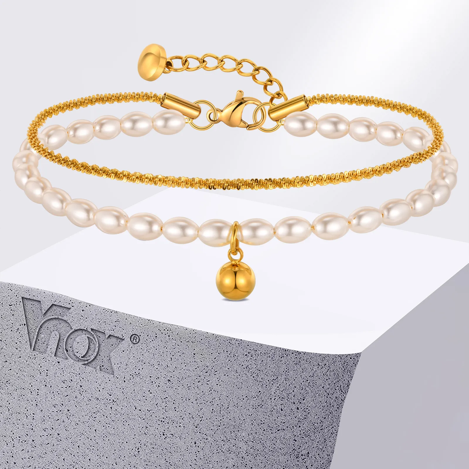 Vnox Immitation Pearl Bracelets for Women Girls,Dainty Layered Gold Plated Satellite Link Bracelets Trendy Jewelry