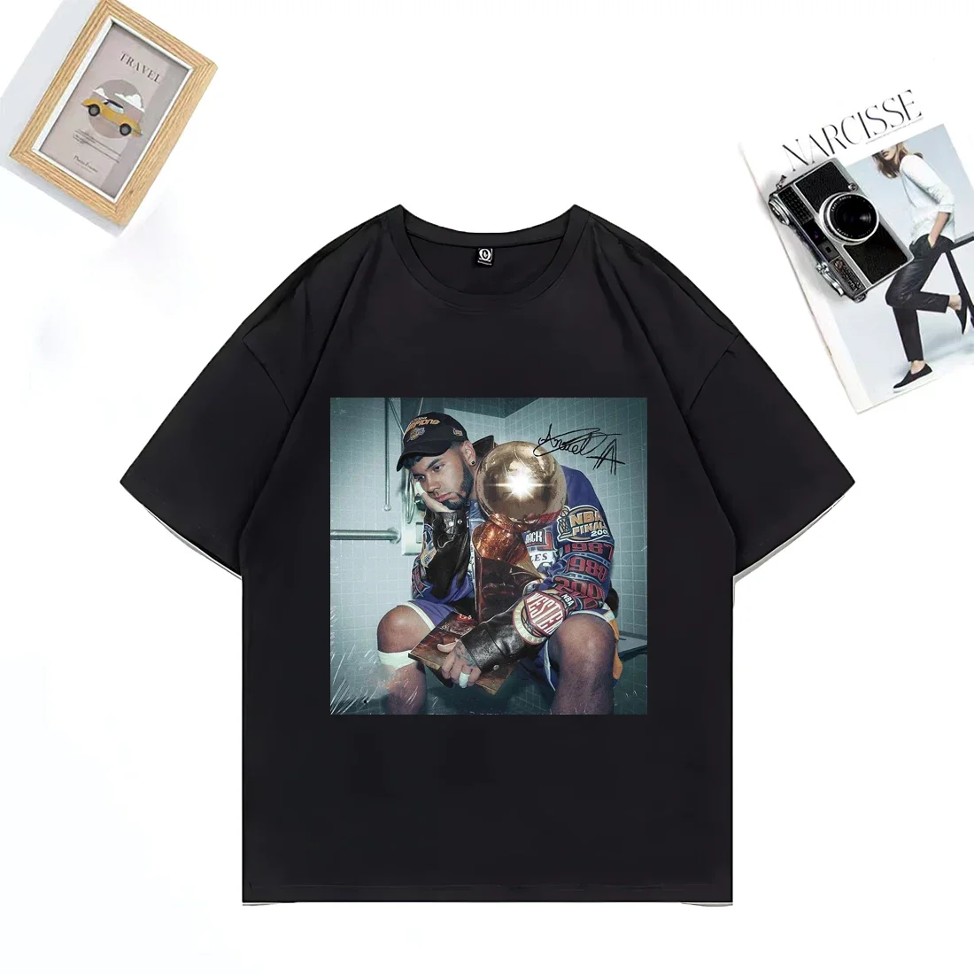 

Men's fashion trend figure Anuel pattern printed 100% pure cotton short-sleeved T-shirt, retro street hip-hop clothing