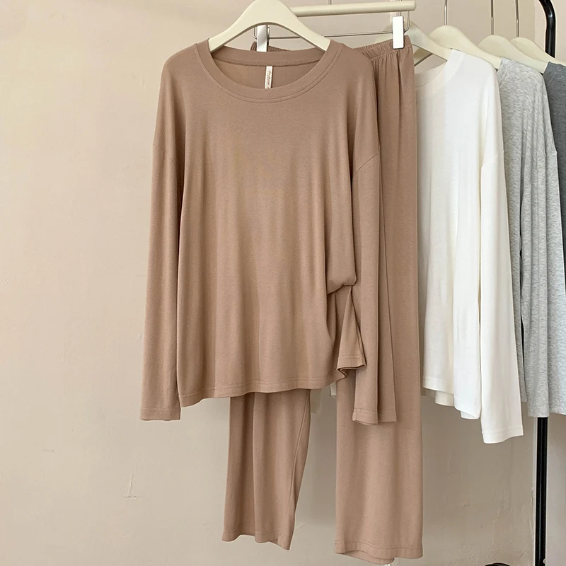 

5117 модальные пижамы женские весенне-осенние новые повседневные однотонные пижамы с круглым вырезом и длинными рукавами в клетку дышащий комплект домашней одежды