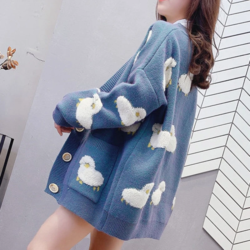 Cardigan Women Sweater Loose Oversize Women Long Sleeve Cartoon Sheep Elegant Cardigan Tops Sweet Knitted Coat Jacket Women